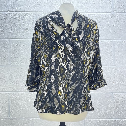 DOROTHY PERKINS BLACK SNAKE PRINT CHIFFON BLOUSE YELLOW LONG SLEEVE TIE UK 14 - Picture 2 of 6