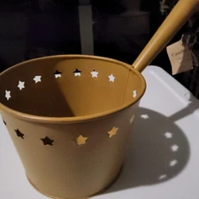 Punched Tin Replica Ash Pot 7" Diameter Mustard Star Punched W/handle Hang Ring