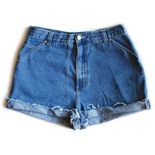Vintage Medium Blue Wash High Waisted Rise Cuffed Cut Offs Denim Shorts - 30/31