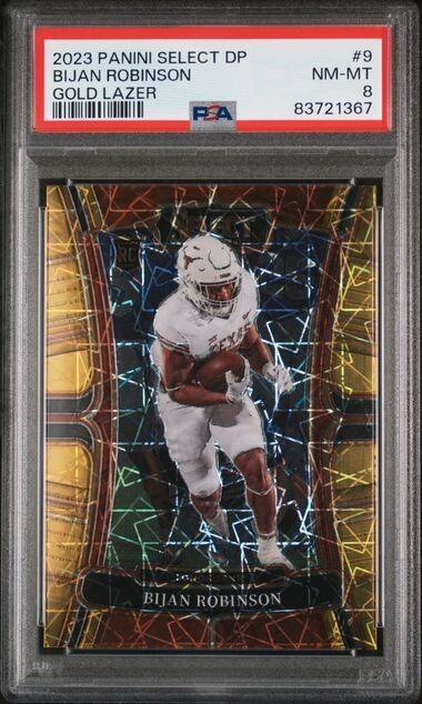 2023 PANINI SELECT DRAFT #9 BIJAN ROBINSON GOLD LAZER ROOKIE SP RC PSA 8 (161)