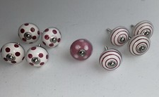 PINK White Polka Dot Stripe CERAMIC DRAWER Pulls KNOBS 9pc