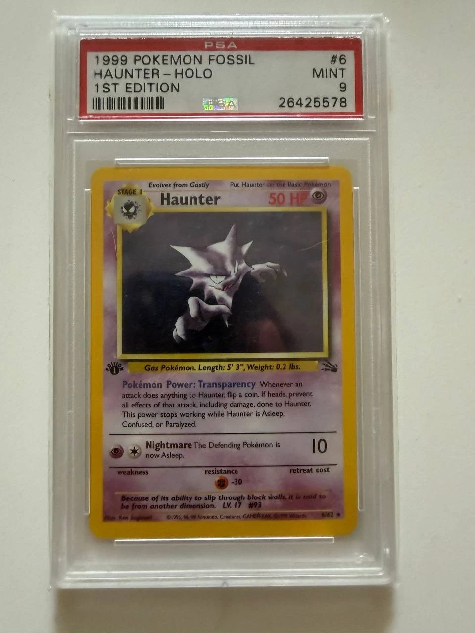 PSA 9 MINT 1999 Pokemon Fossil Haunter 6/62 Holo 1st Edition