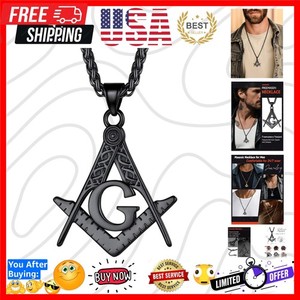 Authentic Masonic Necklace for Men, Freemason Compass Symbol 18K Gold Plated/ ...