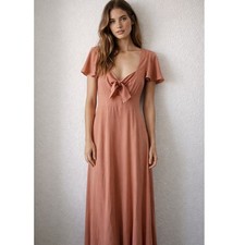 Lovers Friends Tie Front Maxi Dress Womens XS Flutter Sleeve Coquette Romantic