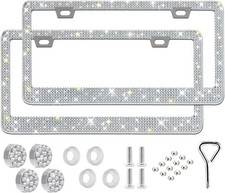 2 Pack Rhinestone License Plate Frame for Women,Premium Stainless Steel Cover 10