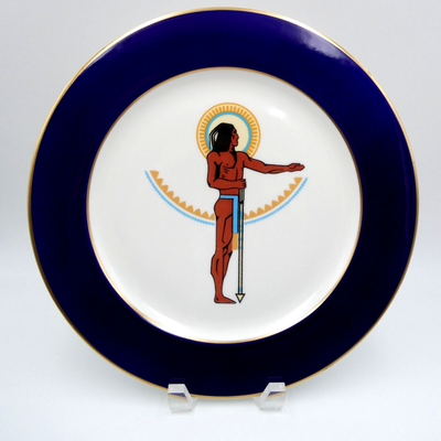 #ad Homer Laughlin Native American Sun Dial Chop Plate 12in Cobalt Blue Gold Rim $26.94