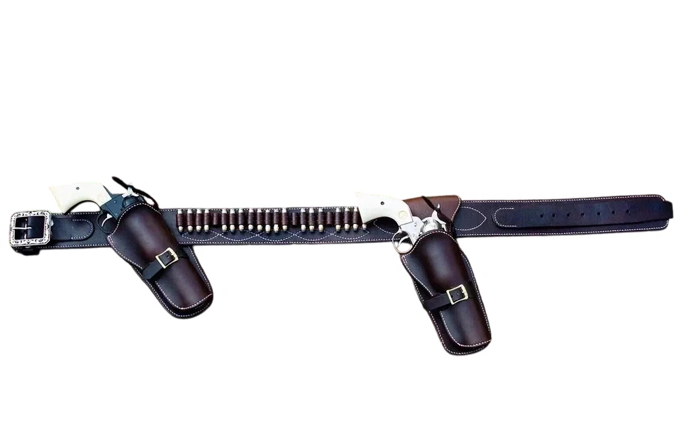 Cowboy Western Leather Gun Holster with Belt For Dual Revolver Rig .22 .44 .45 - Image 2 of 4