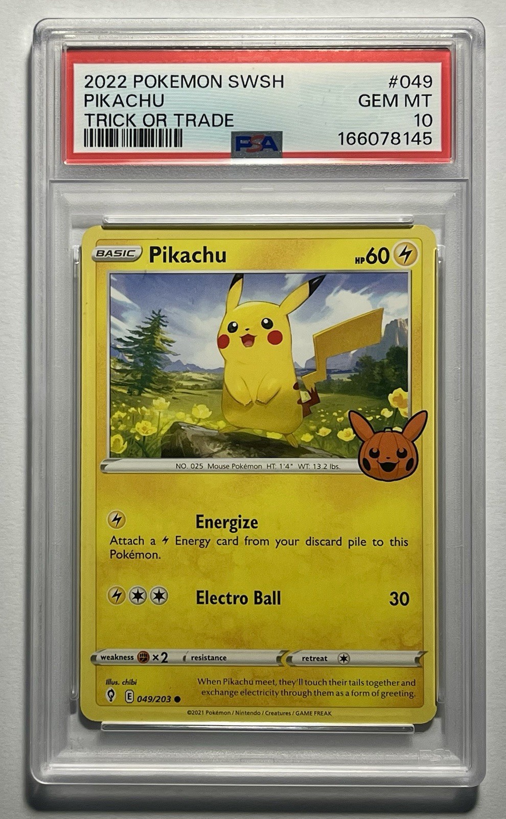 Pikachu 049/203 •PSA 10 GEM-MINT• Common Sword & Shield: Trick Or Trade 2022