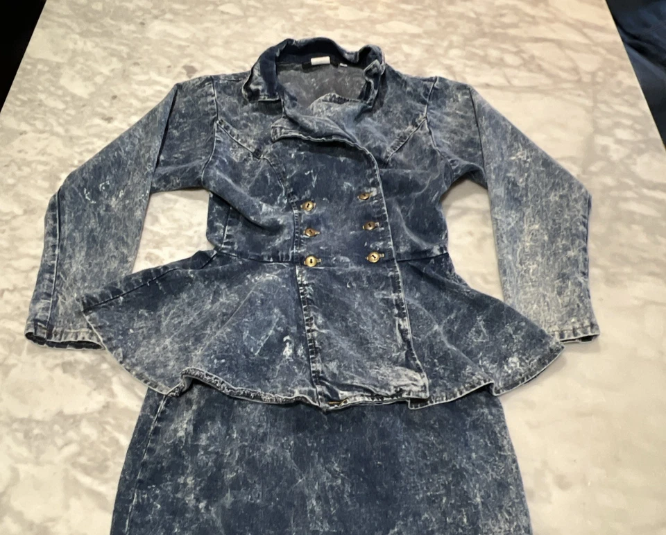 Vestido jeans vintage lavagem ácida peplum denim mexer tamanho 5 altura do joelho anos 80 casa de campo - Imagem 3 de 4