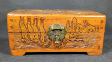 Hand Carved Wooden Box Rectangular Vintage Hinged Lid Brass Clasp To Front