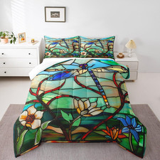 Boho Dragonfly King Comforter Set - Rustic Floral Bedding in Green  Teal