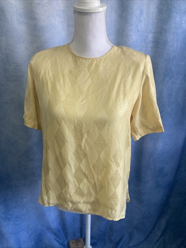 VTG Lise J 100% Silk Blouse Small Yellow Diamond Jacquard Shoulder Pads 1980s