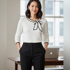 J.Crew Tie-Neck Sweater White with Black Trim Size L 