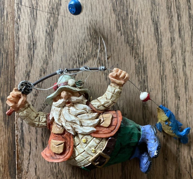 Vintage FISHING MOUNTAIN MAN Fish on Line Flying Sideways Unique Funny Ornament