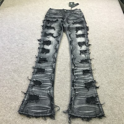 GUAPI ブラックデニム 30 Guapi Jeans Mens 30 Black Distressed Ripped Patchwork Flare Leg
