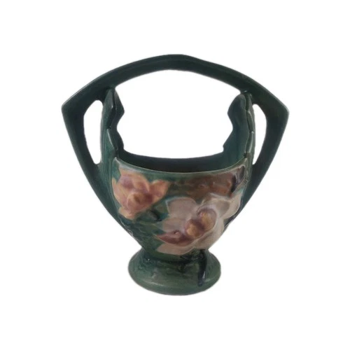 Roseville Pottery Green Magnolia Basket Vase Planter 383-7 Vintage 1940s Art Pot