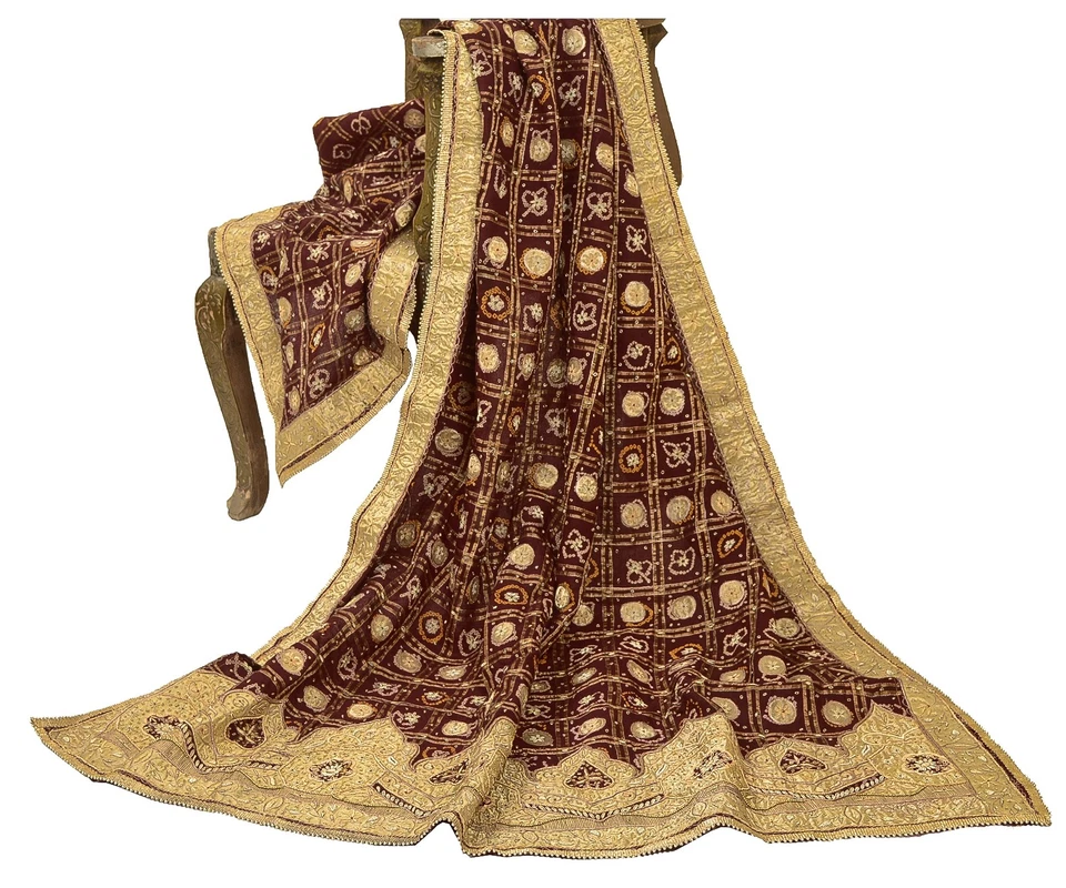 Estola Bandhani Zari Gujrat Sanskriti Vintage Rojo Dupatta Algodón Puro Cuentas a Mano Foto 2 de 4
