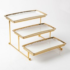 3-Tier Ceramic Dessert Stand Gold Platter Serving Rectangular Dessert Tray Party