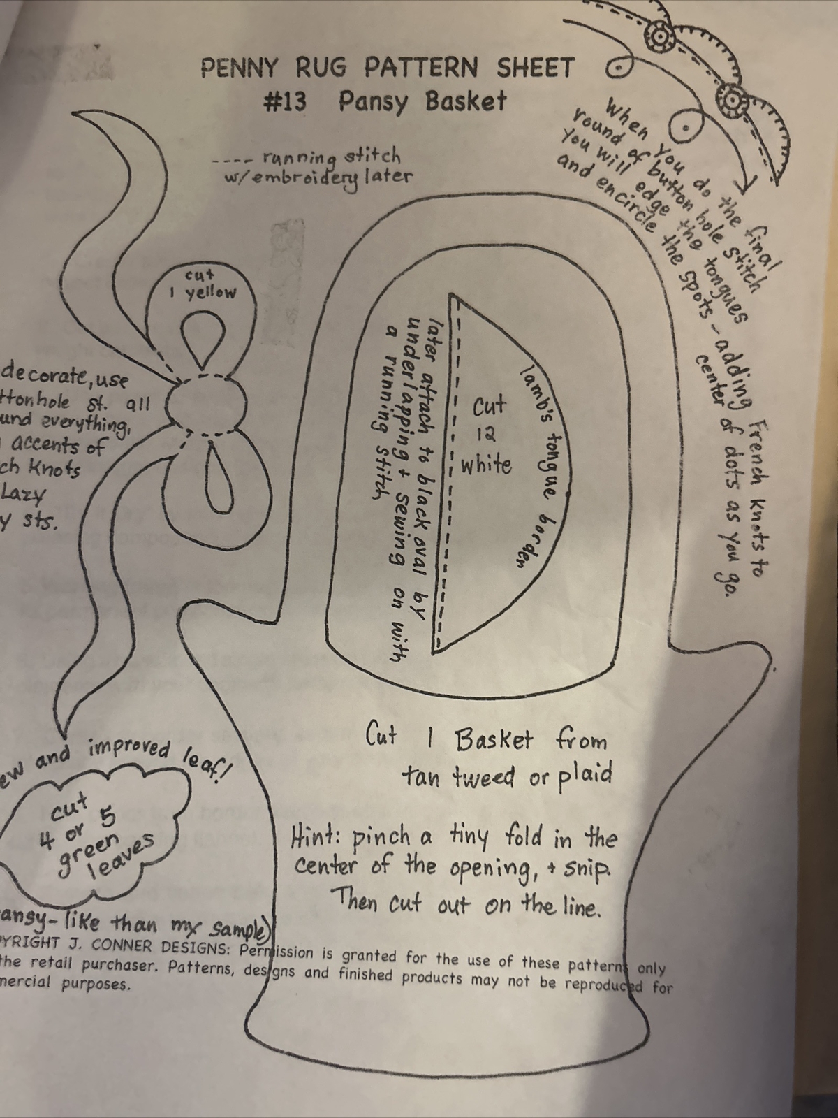 J Conner Designs Penny Rug creative appliqué # 13 pansy basket Pattern