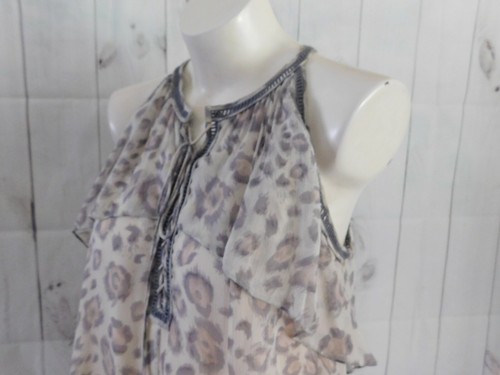 Top senza maniche Rebecca Taylor grigio avorio leopardato stampa animalier seta volant nappa - Foto 3 di 5