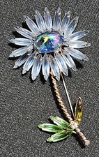 Vintage SCHREINER Pale Blue Open Back Rhinestone AB Cab Long Stem Flower Brooch