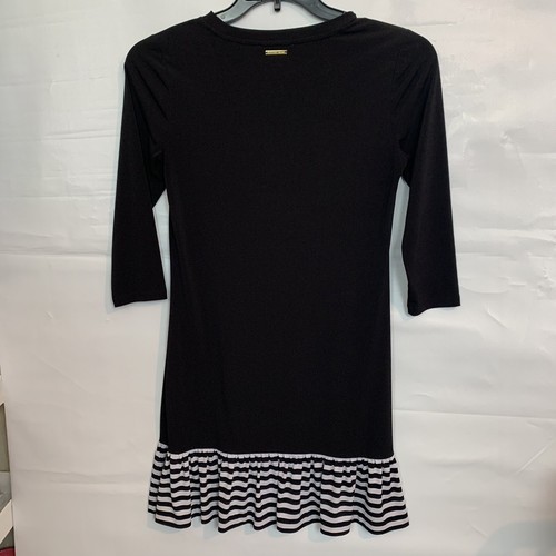 Michael Kors Womans Ruffle Hem 3/4 Sleeve Shift Dress Size XS Black Striped - Picture 5 of 9