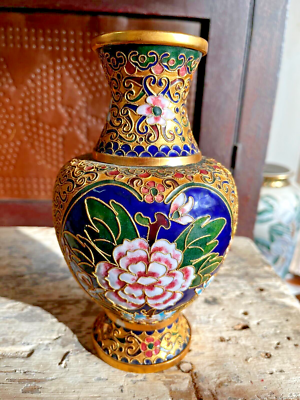 vintage ornate floral Cloisonné enamel and brass vase blue gold