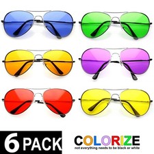 6 Pk Aviator 30011C Retro Sunglasses Blue Green Orange Purple Red Yellow Lenses