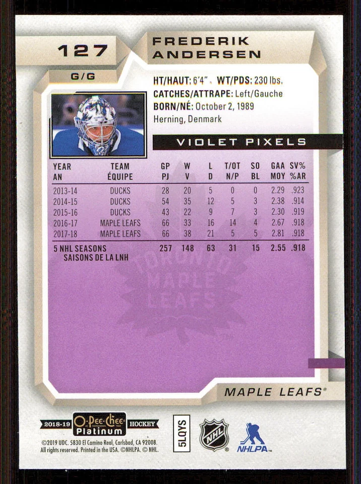 2018-19 O-Pee-Chee Platinum Violet Pixels #127 Frederik Andersen - Image 2 of 2