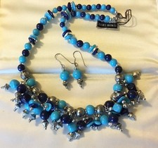 CHUNKY SOUTH WESTERN SILVER TURQUOISE NAVY BLUE BEAD CHOKER BIB NECKLACE SET