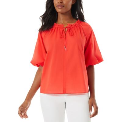 Jones New York Womens Red Gathered Cotton Blouse Shirt M BHFO 0908