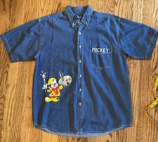 Vintage Disney Mickey Mouse Custom Painted Denim Button Up Shirt Large 23x29