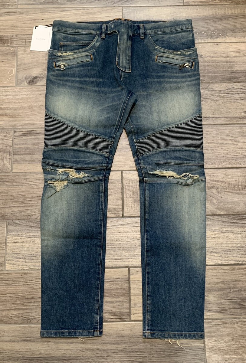 Bnwts Balmain Men's Slim Fit Moto Leg Biker Jeans Sz. 38