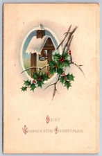 Holiday~Best Wishes For Christmas~Bell Steeple W/ Holly~Emb~Vintage Postcard