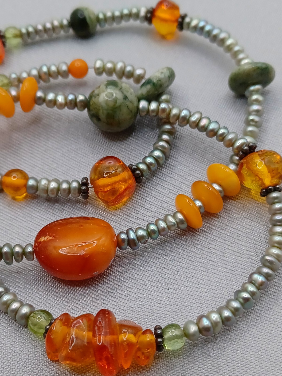 Vintage Amber & Pearl Necklace Green Gemstone Accents Sterling Silver ...