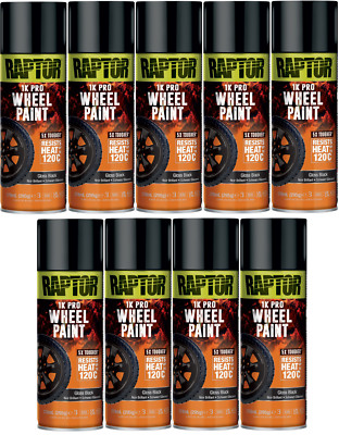 9 x U-Pol Raptor 1K Pro Wheel Paint Gloss Black Aerosol 378ml 5x Tougher