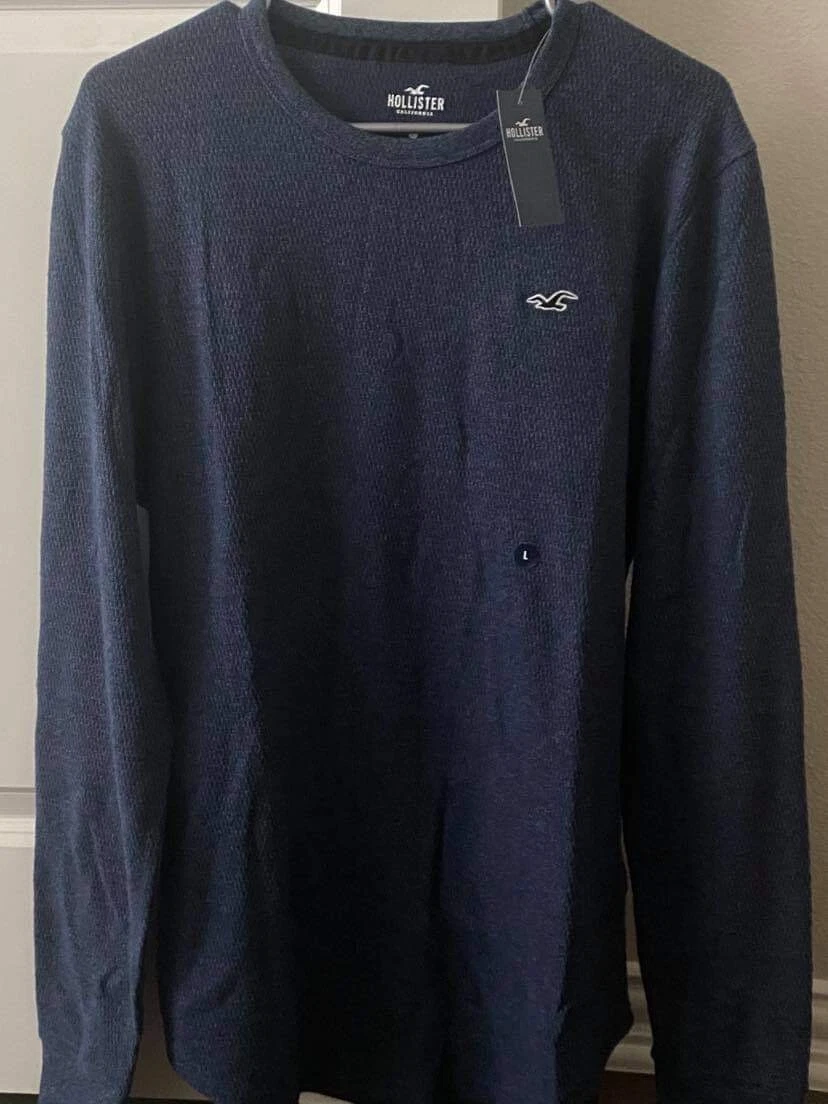 HOLLISTER MEN'S LONG SLEEVES CURVED HEM THERMAL T-SHIRT HEATHER NAVY LARGE  SIZE.