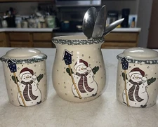 HOME & GARDEN Party Stoneware Snowman SALT PEPPER & Spooner/Candle RETIRED USA*