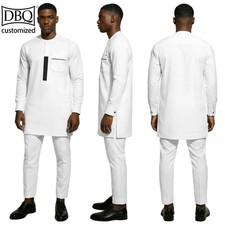 African Men Suit Custom Made 2 Pieces Hidden Button Shirt Slim Pants Casual Set