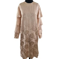 NWT Second Sight Light Pink Jacquard 100% Silk Dress Ruffled Long Sleeve Midi 2