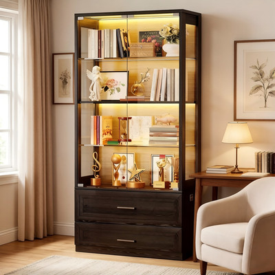 4-Tier+2 Drawer Curio Display Cabinet with Removable Shelves & 3-Color LED Light