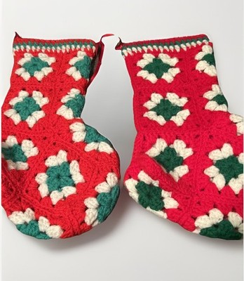 Pair Vintage Christmas Stockings Crochet Granny Square Red White Green Handmade