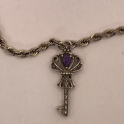 Alwand Vahan AV Sterling Silver Diamond Chip & Amethyst Key Pendant Bracelet 10g