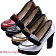 Ladies Block High Heels Slip-on Sequins Shiny Platform Shallow Pumps Shoes 34-48