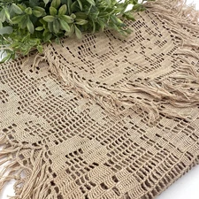Vintage Crochet Table Runner Tan Filet Lace Fruit Floral Knotted Fringe 43" Boho