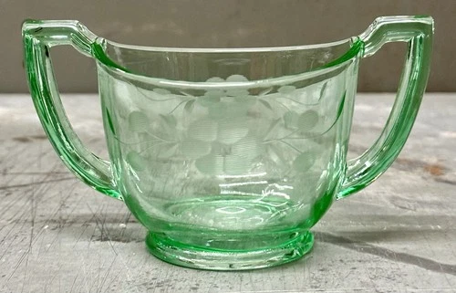 Antique Unmarked Uranium Green Depression Glass Open Sugar Bowl Etched Flowers
