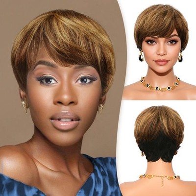 Pixie Cut Perücken für Schwarze Frauen Pixie Cut Echthaar Perücken Short Laye...