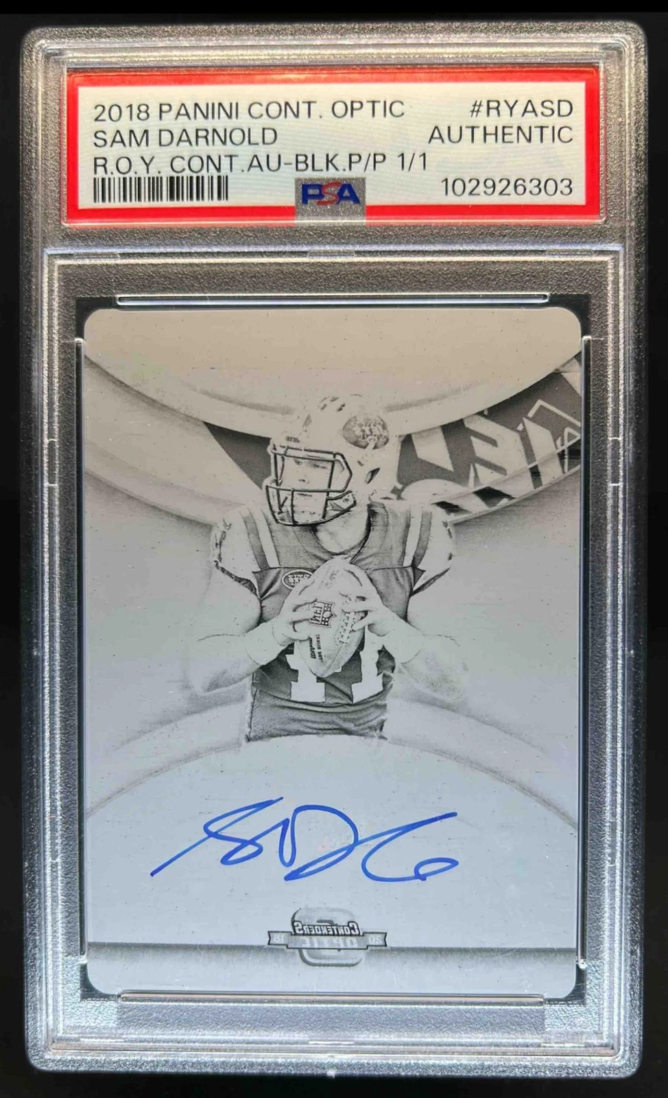 Sam Darnold Panini Contenders Optic Rookie of the Year Contenders Autographs #RYASD Black Printing Plate 1/1