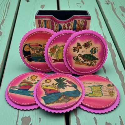 TRINIDAD & TOBAGO Vintage BAR Pink LEATHER COASTER SET Parrot Bird Tropical Fish