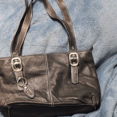 Tigs &Co. Black Pebbled Shoulder Bag Buckle Accents Silver Hardware Women
